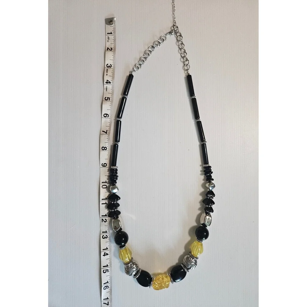 Black and Yellow Beaded Statement Necklace Silver Tone Chunky Adjustable